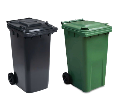 Black and green wheelie bins together
